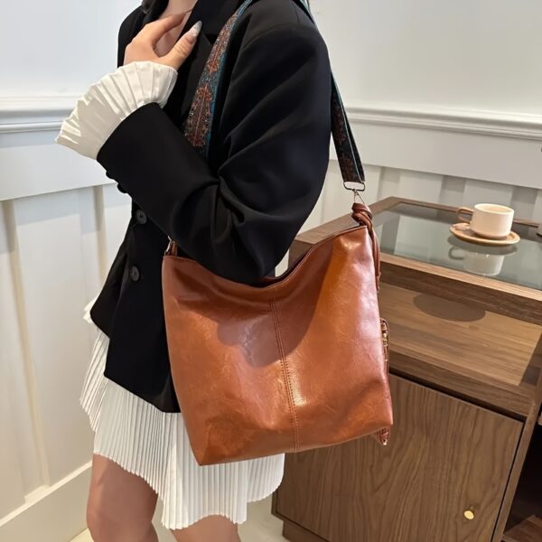 Large Faux Leather Bucket Bag with Wide Strap - Image 5