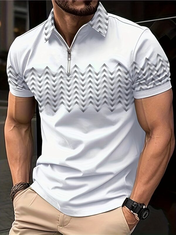 Men's Casual Short Sleeves Zip Up Graphic Shirts, Lapel Collar Tops Pullovers - Image 4