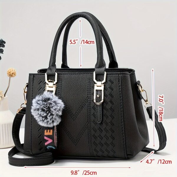 Elegant Faux Leather Tote Bag with Pom-Pom Charm - Image 5