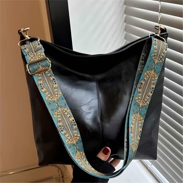 Large Faux Leather Bucket Bag with Wide Strap - Image 8