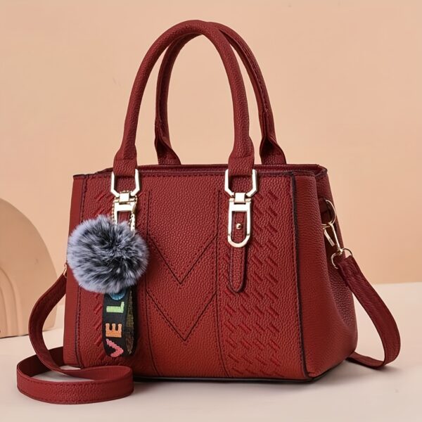 Elegant Faux Leather Tote Bag with Pom-Pom Charm - Image 8