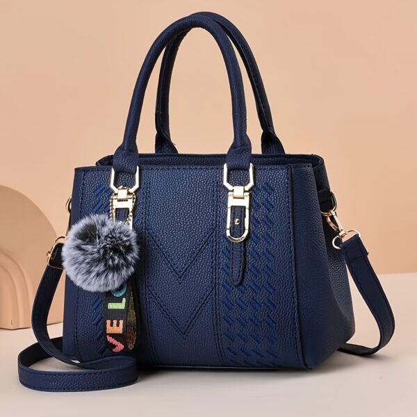 Elegant Faux Leather Tote Bag with Pom-Pom Charm - Image 11