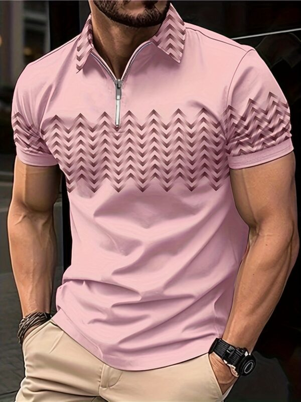 Men's Casual Short Sleeves Zip Up Graphic Shirts, Lapel Collar Tops Pullovers - Image 3