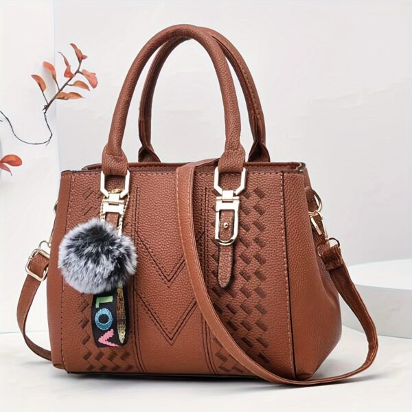 Elegant Faux Leather Tote Bag with Pom-Pom Charm - Image 6