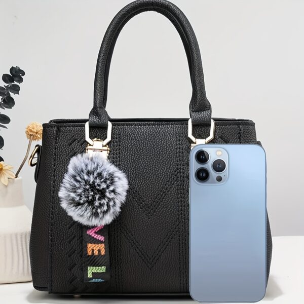 Elegant Faux Leather Tote Bag with Pom-Pom Charm - Image 9