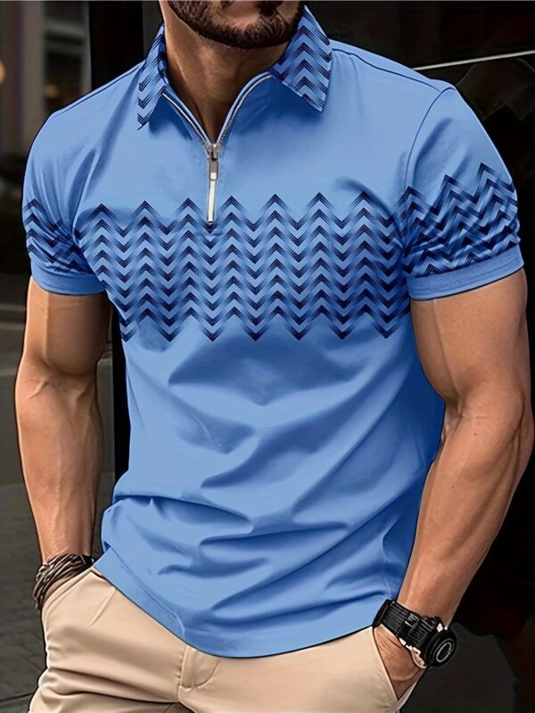 Men's Casual Short Sleeves Zip Up Graphic Shirts, Lapel Collar Tops Pullovers - Image 2