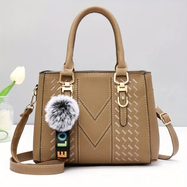 Elegant Faux Leather Tote Bag with Pom-Pom Charm - Image 10