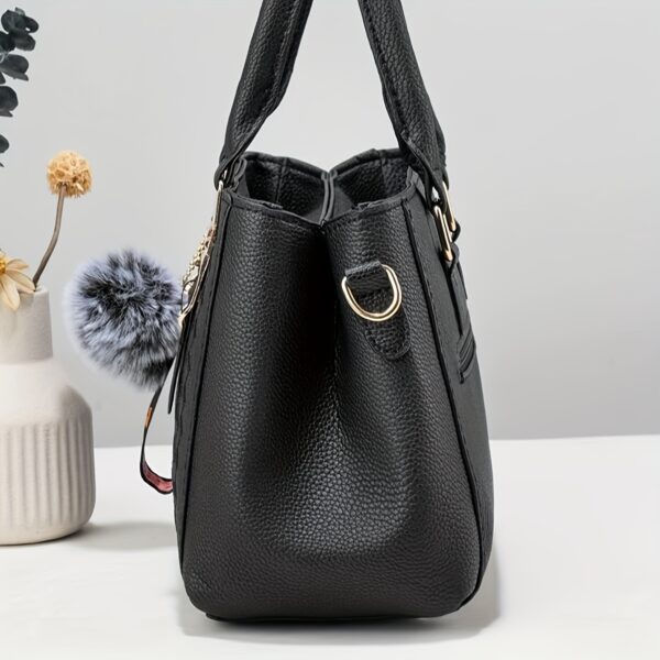 Elegant Faux Leather Tote Bag with Pom-Pom Charm - Image 3