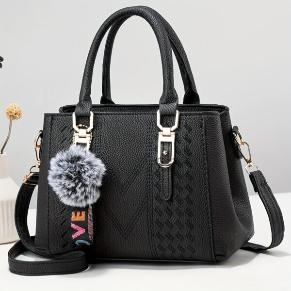 Elegant Faux Leather Tote Bag with Pom-Pom Charm - Image 4