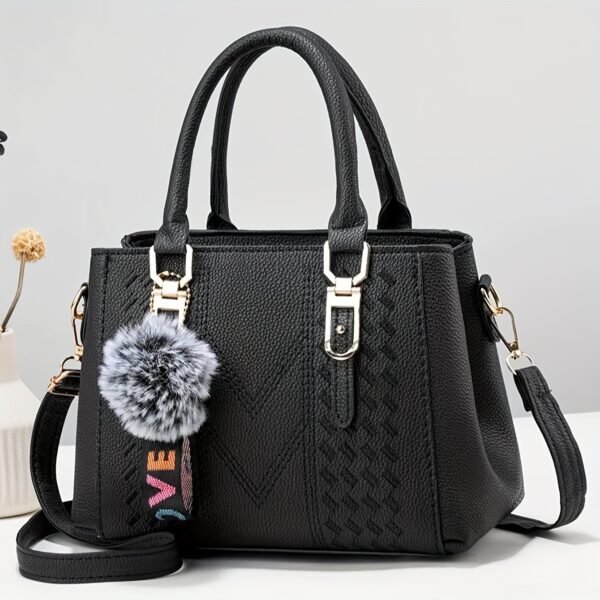 Elegant Faux Leather Tote Bag with Pom-Pom Charm - Image 2